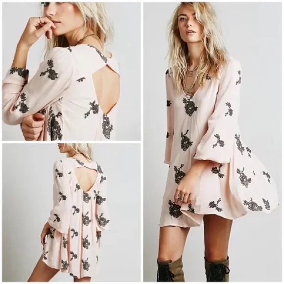💫HP‼️💫 FREE PEOPLE “Emma” Embroidered Swing Dress in Blush Pink, Size Large - Picture 1 of 15